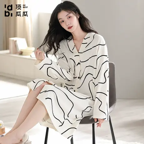 顶瓜瓜睡裙女春秋季全棉长袖中裙开衫休闲连衣裙睡衣女秋天家居服商品大图