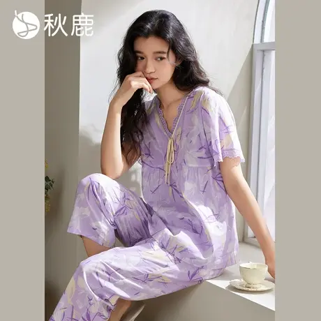 秋鹿【直播专享】V领显瘦蕾丝花边梭织纯棉抑菌睡衣女夏季短袖商品大图
