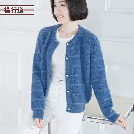 2023冬季新款仿貂开衫宽条纹圆领宽松大码中年妈妈长袖外套毛衣女商品大图