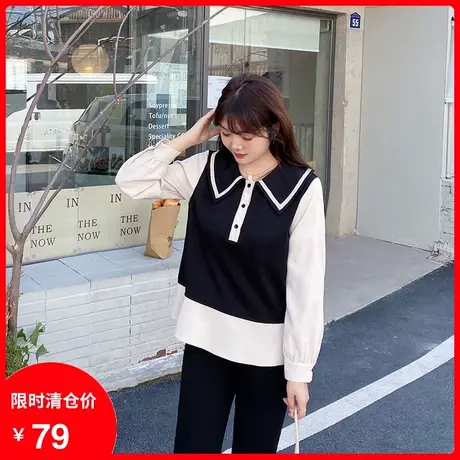 2023年秋新款娃娃领减龄拼接假两件套头针织上衣女显瘦大码胖妹妹商品大图