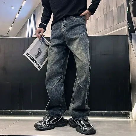 美式高街牛仔裤男秋季复古水洗宽松微喇裤网红直筒个性痞帅休闲裤图片