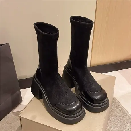 小众设计感2023秋冬新款厚底增高弹力袜靴简约拼接中筒靴时装靴女图片