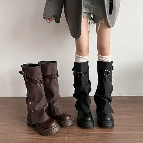 美拉德棕色长筒靴子女小个子厚底高筒骑士靴复古裤管堆堆高跟长靴商品大图