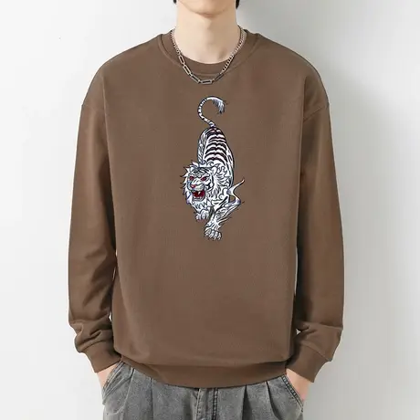 重磅纯棉卫衣男秋季摇粒绒无帽上衣宽松潮流老虎印花圆领长袖t恤商品大图