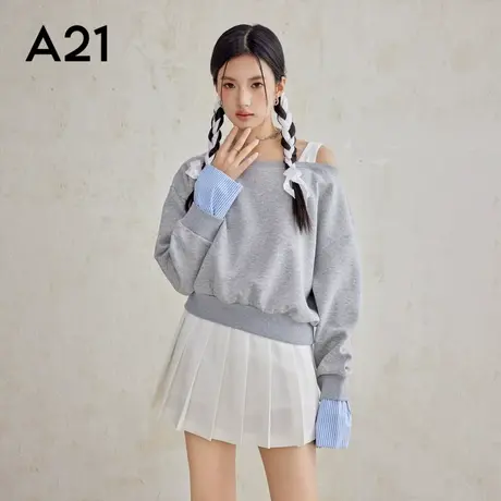 A21女装2025新款针织宽松一字领落肩上衣假两件短装无绒底卫衣图片