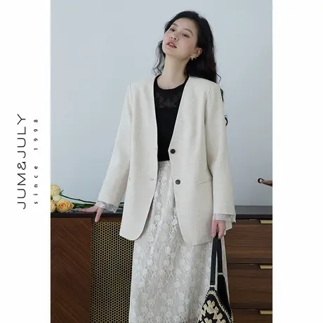 嘉茱莉2025早春新款大V领西装外套女设计感蕾丝袖口西服上衣休闲图片