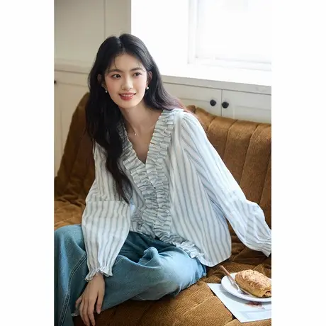 弥古法式泡泡袖条纹衬衫上衣女2025秋季新款压褶v领长袖纯棉衬衣商品大图