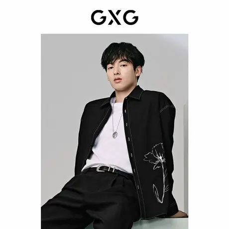 【X】GXG男装黑色简约花卉撞色时尚长袖衬衫上衣男士24年夏季品商品大图
