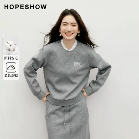 红袖2025秋季新款女装 MIU风蕾丝刺绣标落肩长袖圆领套头上衣商品大图