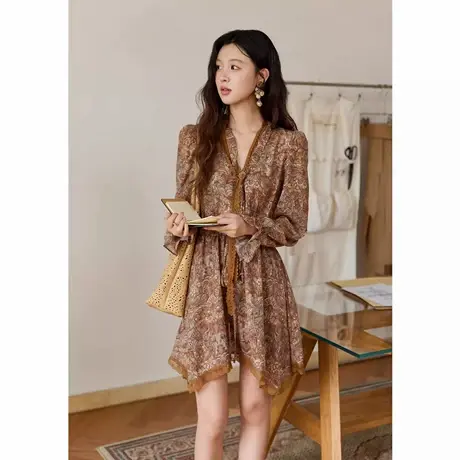 爵莱菲大码法式复古印花连衣裙女2025秋季新款女装复古长袖长裙子商品大图