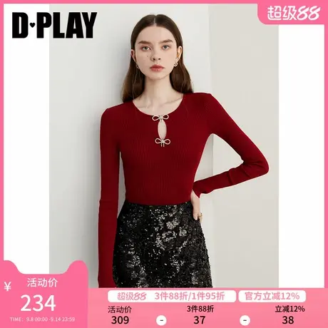DPLAY2025秋季新款法式红色圆领蝴蝶结含羊毛针织毛衣针织衫女商品大图