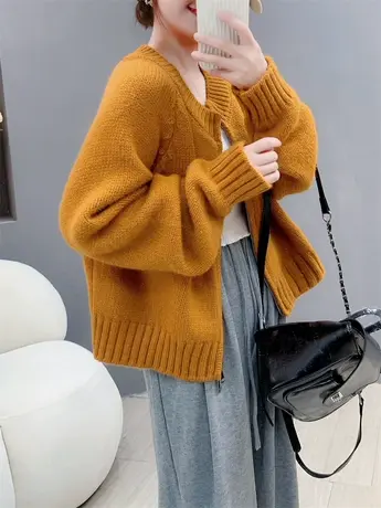 橘色短款拉链毛衣开衫女秋冬2023新款韩版宽松设计感百搭针织外套图片