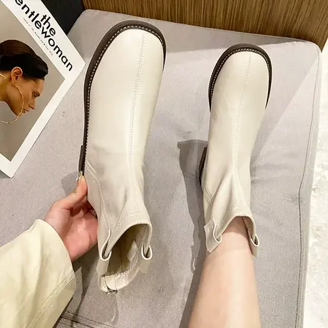 法式小短靴及踝靴2023年新款秋冬弹力靴子女短筒靴复古平底时装靴图片