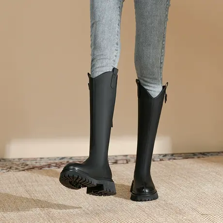 V口不过膝长筒靴女2023年春秋新款厚底中筒靴显瘦骑士靴粗跟长靴商品大图