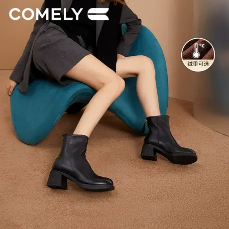 【罗永浩双11直播】康莉时装靴女粗跟23年新款真皮加绒羊皮短靴商品大图