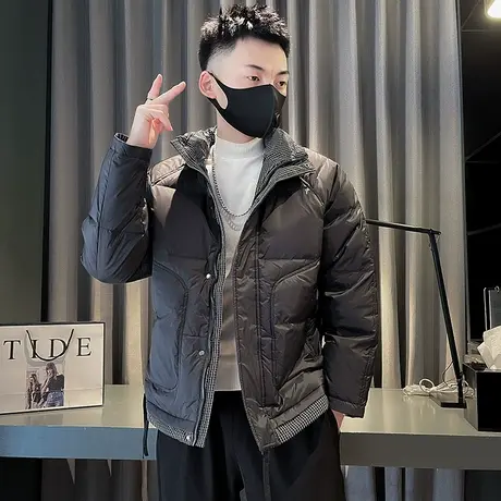 假两件羽绒服男冬季潮牌立领拼接格子小众设计感加厚保暖冬装外套图片