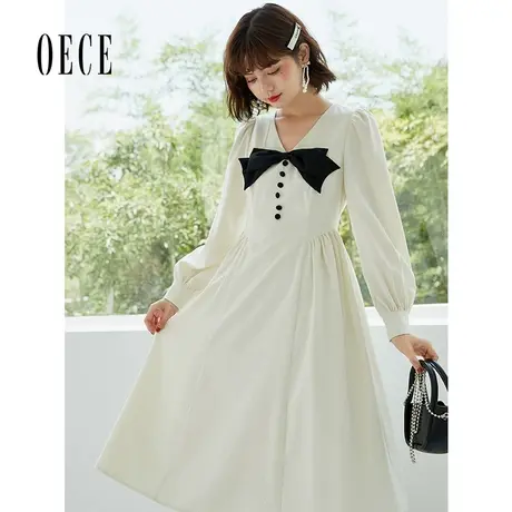 【买1送1】Oece气质仙女裙子春秋女法式蝴蝶结长袖收腰连衣裙图片