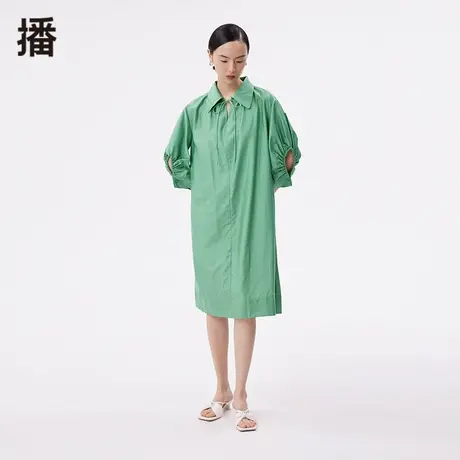 播2022秋季新款翻领抽褶文艺通勤系带领衬衫连衣裙女DDP4LD4692图片