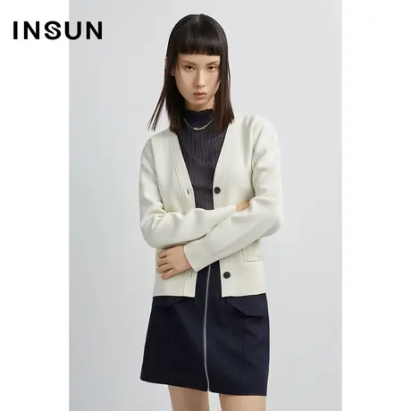 恩裳商场同款秋季潮流口袋肌理钩花休闲棉质针织衫开衫女商品大图