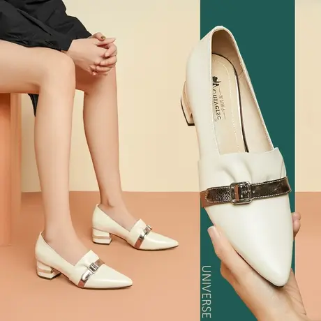 春季新款真皮粗跟单鞋女英伦米白色尖头套脚休闲透气中跟女鞋商品大图