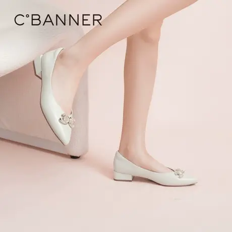 千百度女鞋春季新款时装单鞋优雅百搭软底单鞋中跟尖头通勤气质商品大图