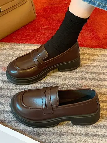 潮牌复古气质小皮鞋女款2023年秋季新款时髦厚底英伦风黑色乐福鞋商品大图