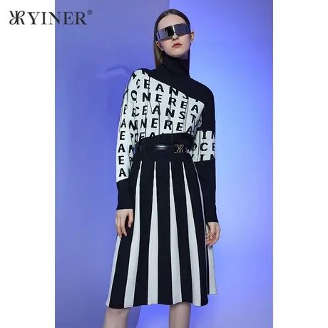 *YINER音儿女装冬季字母条纹高领针织连衣裙图片