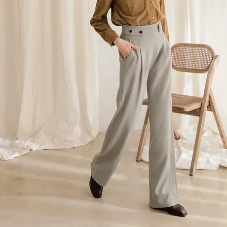 桔熊春秋通勤纯色长裤子女气质遮肉高腰宽松落地直筒裤大码BA6841图片