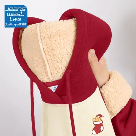 真维斯LIFE插肩袖卫衣女红色2023年冬季圣诞加绒加厚慵懒风外套W图片