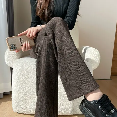 微喇羊绒毛呢裤女冬季新款加厚高腰显瘦垂感直筒修身休闲喇叭裤子商品大图