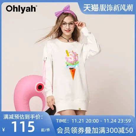 Ohlyah品牌韩版圆领中长款卫衣女装宽松显瘦个性印花长袖溜肩慵懒图片