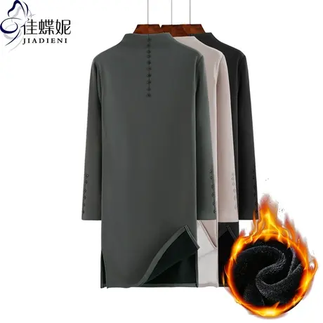 冬季保暖新韩版打底连衣裙长袖修身半高领加绒加厚开叉中长款女装图片