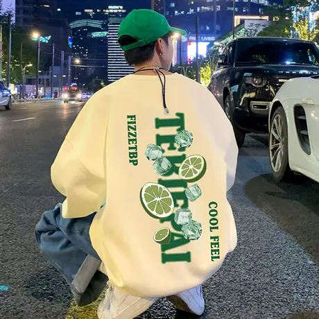 港风圆领卫衣男春秋季ins潮流印花外套情侣美式高街潮牌宽松上衣t商品大图