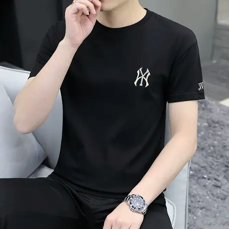 100%精梳纯棉纯色t恤男士短袖圆领宽松休闲大码刺绣半袖体恤夏T潮商品大图