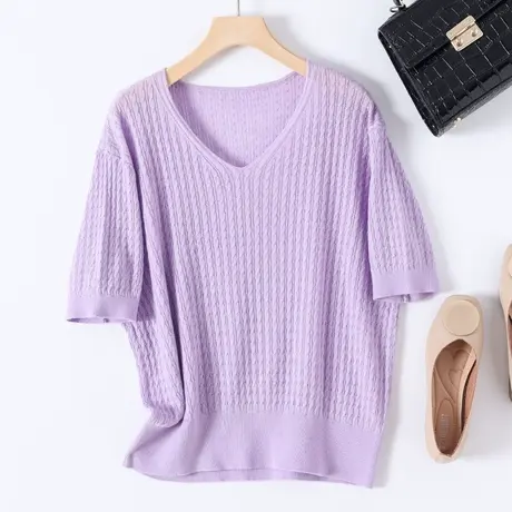 2023夏季新款韩版宽松女士针织V领短袖时尚镂空薄款显瘦套头打底商品大图