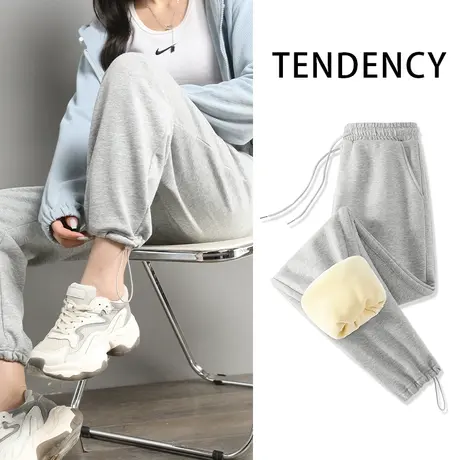 ZR真维斯2023新款女士裤子冬季加绒宽松摇粒绒松紧腰抽绳束脚裤子商品大图