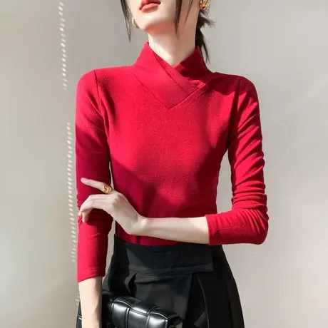 德绒半高领打底衫女2023秋冬新款加绒加厚保暖长袖设计感内搭上衣商品大图