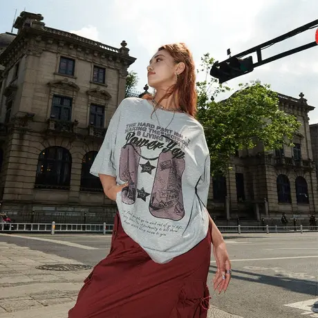 YEP纯棉短袖t恤女2023年新款夏季复古印花情侣装半袖宽松潮牌上衣商品大图