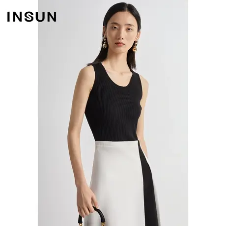 INSUN恩裳秋季撞色拼接微弹收腰连衣裙图片
