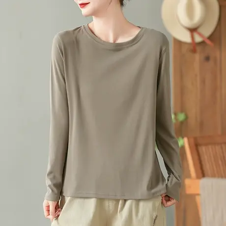 dza复古宽松长袖t恤女春秋新款洋气内搭上衣休闲体恤纯色打底衫商品大图