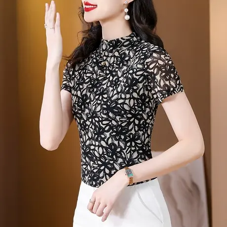 气质网纱短袖T恤女2024夏季新款妈妈装别致印花小衫显瘦修身上衣商品大图