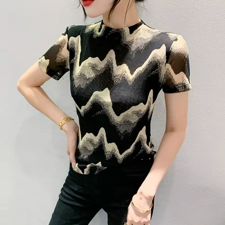 复古气质雪纺衫女短袖夏季2024新款时尚网纱半高领上衣修身小衫潮图片