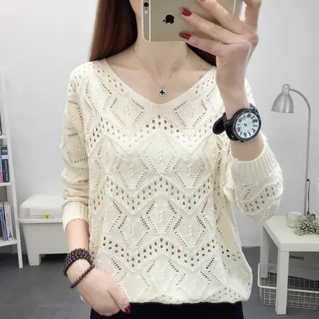 v领镂空针织衫女宽松短款女士毛衣女薄款打底衫2023春季新款上衣商品大图