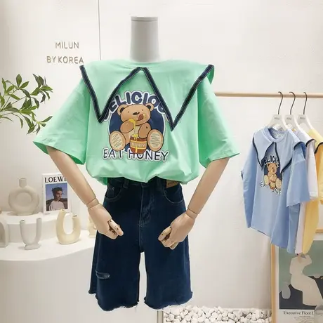 学院风甜美上衣2022夏新款韩国东大门海军娃娃领卡通短袖T恤宽松商品大图
