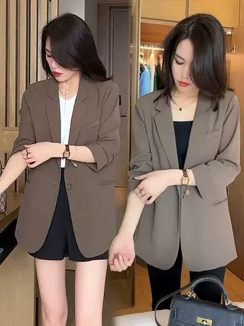 早春咖色小西服外套女韩版宽松学生西装外套中长款秋装上衣ins潮商品大图
