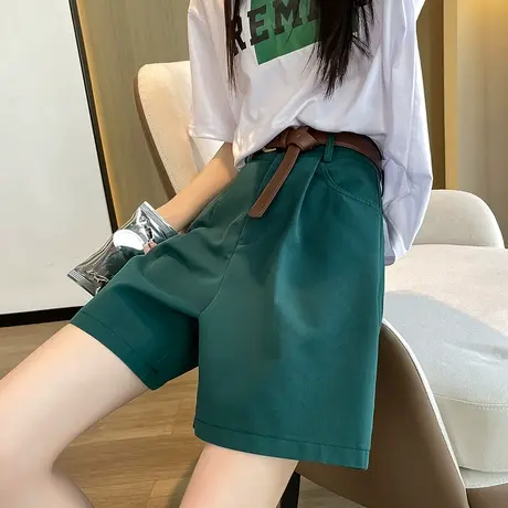 绿色阔腿短裤女2025年春夏新款高腰a字遮胯显瘦宽松休闲五分中裤商品大图