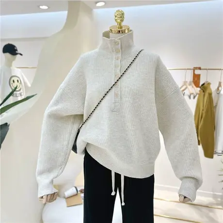 秋冬百搭半开领系扣高领韩版宽松显瘦保暖针织毛衣女单穿外套上衣图片