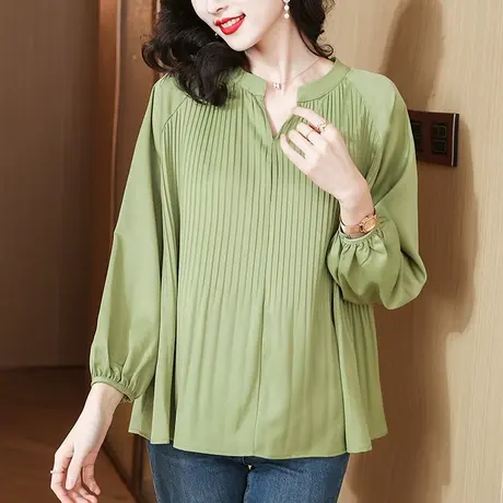 中年妈妈雪纺衫女春秋新款宽松加大码洋气休闲遮肚v领显瘦长袖T恤商品大图