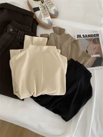 后背拼接经线沙拉绒中领打底衫女23新款气质百搭秋冬磨毛长袖T恤商品大图