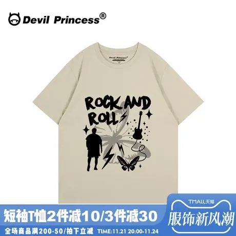 街头风古着感oversize宽松大版浅卡其色短袖女t恤小众潮牌上衣夏商品大图